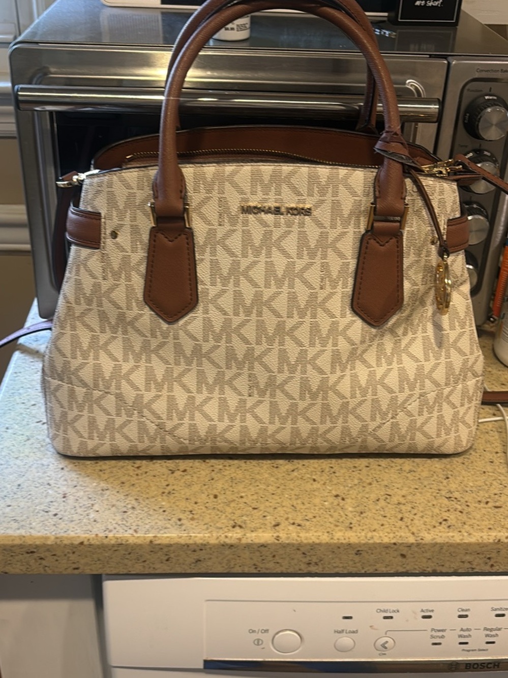 Michael Kors Vanilla and Acorn Logo Satchel